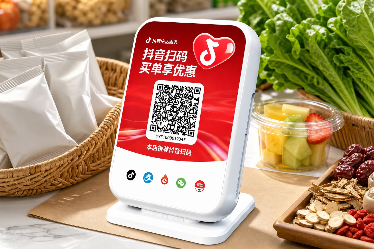 生鲜水果柜台上的真实白色台式抖音买单设备,产品面板文字清晰可见
